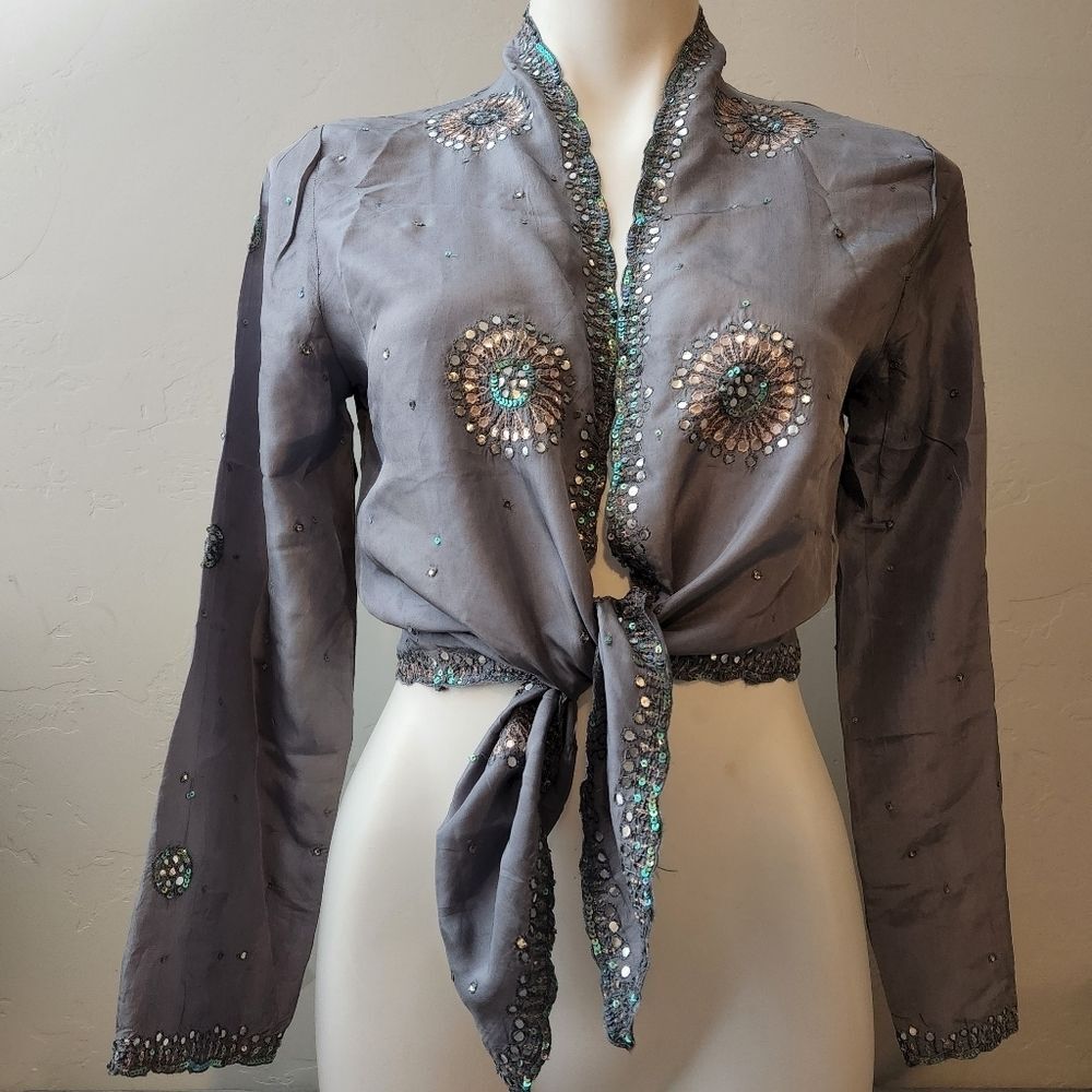 Sage Gray Top Cardigan Size  S/M Boho Silk Iridescent‎ Sequin Hand Dyed Coastal